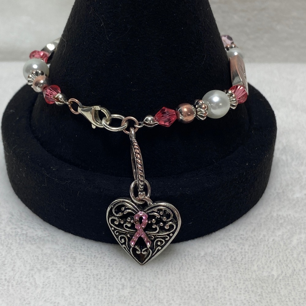 Breast‎ Cancer Sterling Silver Inspirational Beaded Charm Bracelet Pink